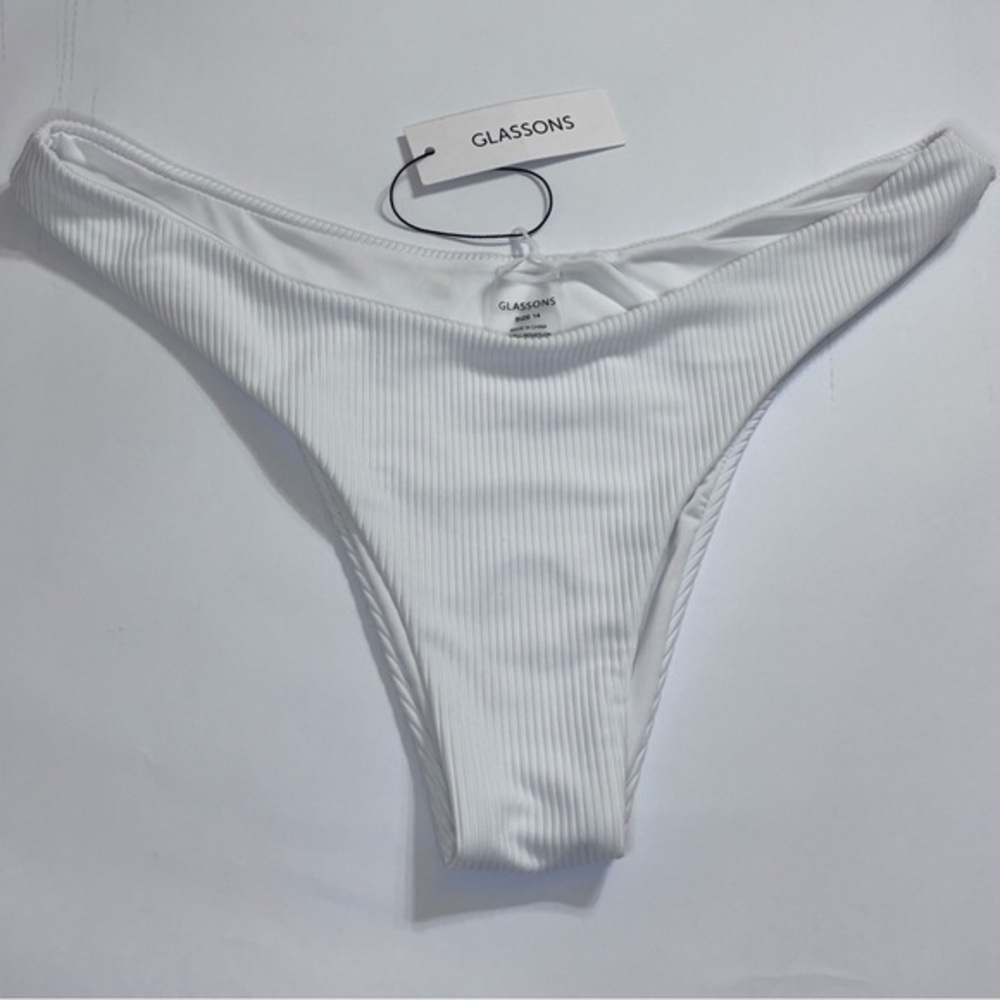 Glassons White Ribbed Bikini Bottom Sz 14 NWT